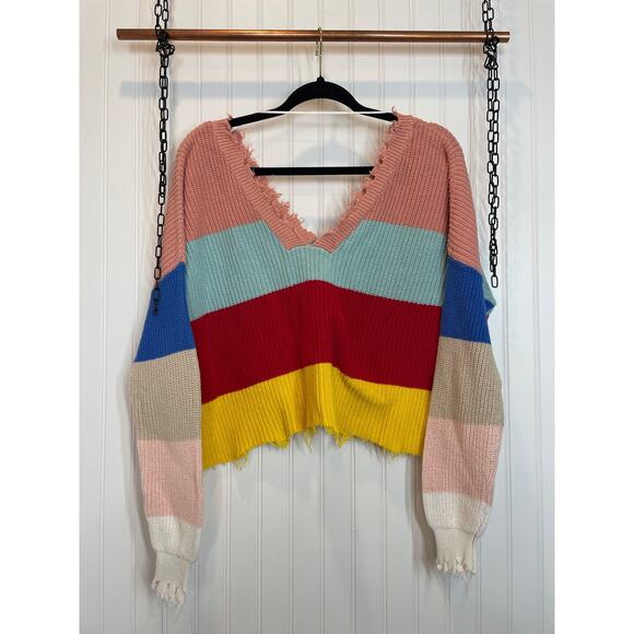 Fox + Hawk Color Block Cropped Distressed Stripe Sweater Multicolor Size S - Picture 1 of 5